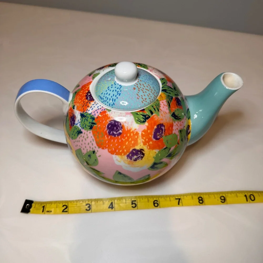 Oliver Bonas Floral Teapot Ceramic Pink Blue Orange Abstract Tea‎ Pot UK Design